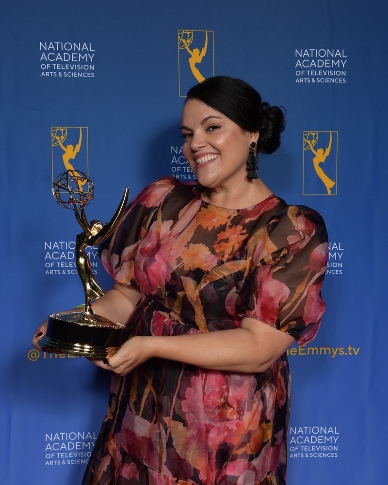 Ellen Scherer Crafts with her Emmy Award at the National Academy of Television Arts and Sciences ceremony